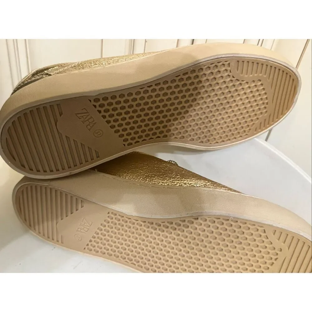 Zara Women's Lace Up Low Top Metallic Bow Faux Leather Sneakers Gold Sz 37 NWOT